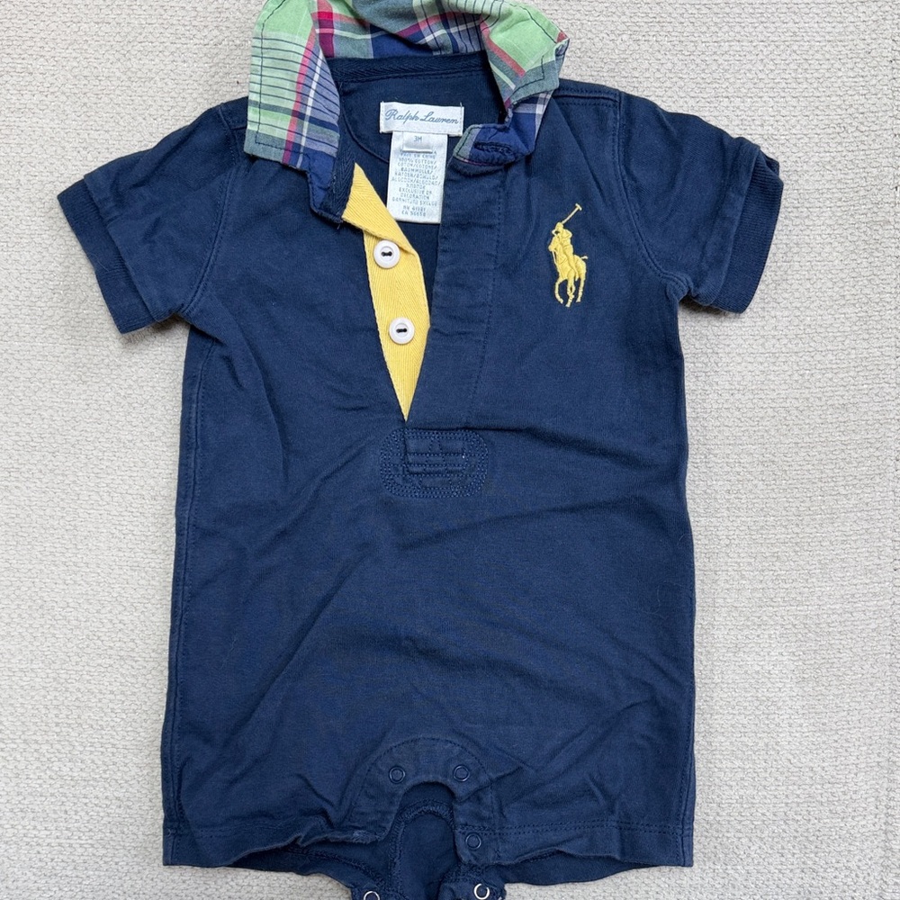 Ralph Lauren Navy Polo Romper with Yellow Trim